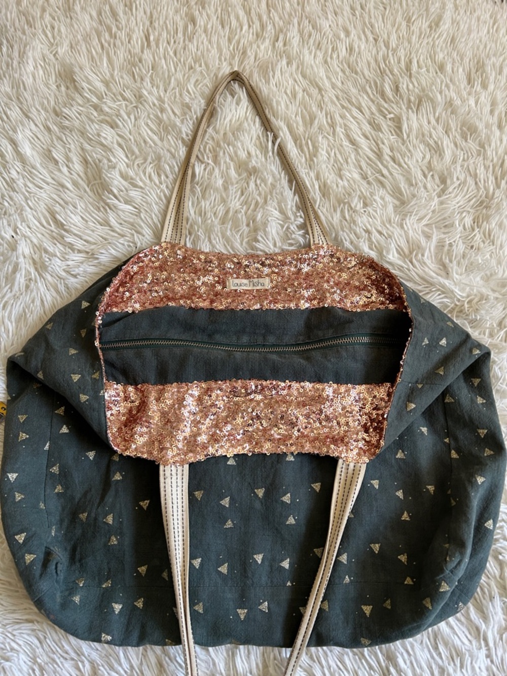 Louise Misha green linen bag, with gold glitter detail, rose sequin Tote Bag